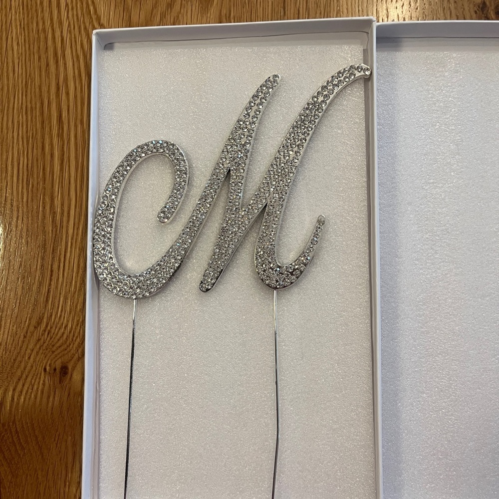 Silver Rhinestone M Cake Topper